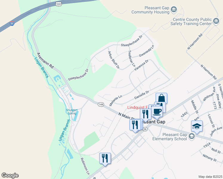 map of restaurants, bars, coffee shops, grocery stores, and more near 118 Patricia Lane in Bellefonte