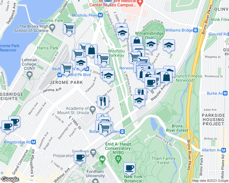 map of restaurants, bars, coffee shops, grocery stores, and more near in The Bronx
