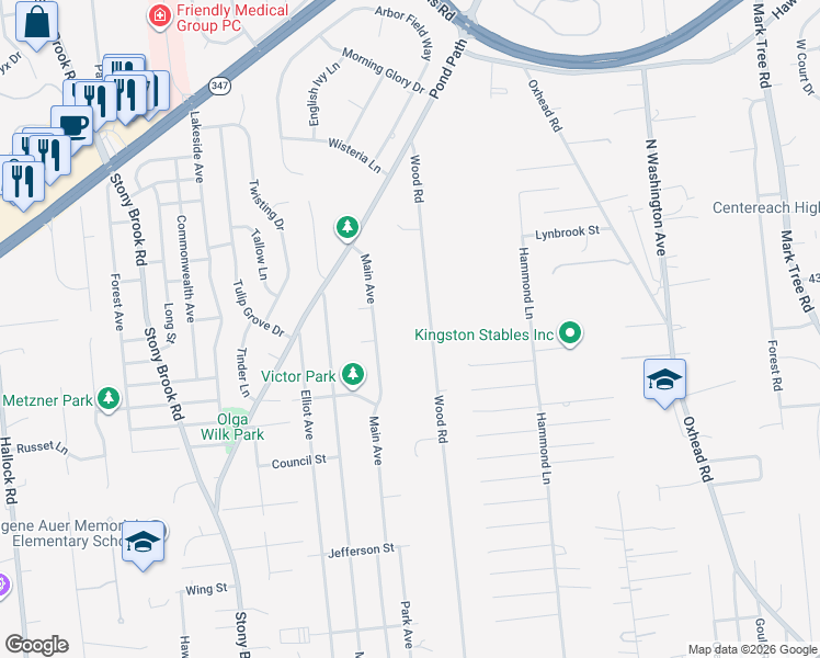 map of restaurants, bars, coffee shops, grocery stores, and more near 156 Wood Road in Centereach