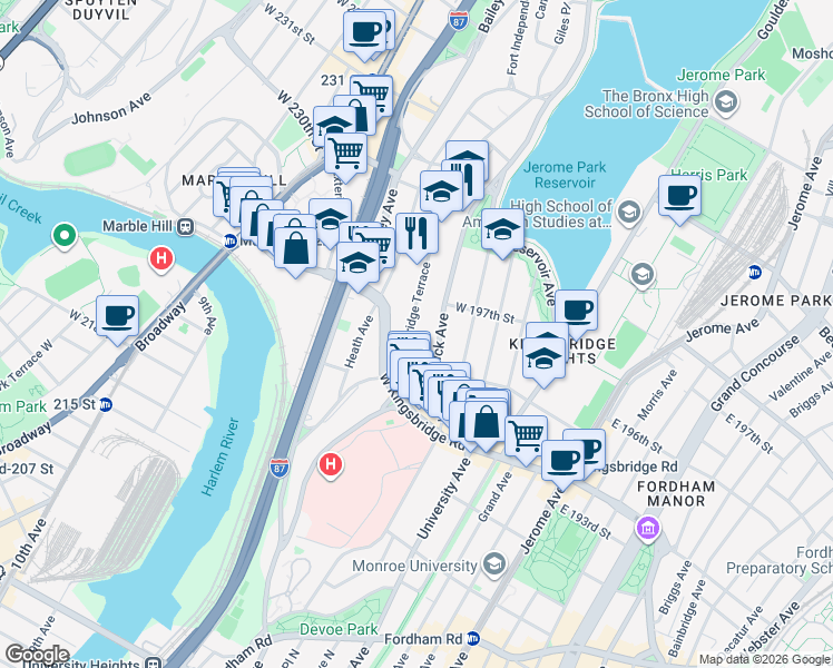 map of restaurants, bars, coffee shops, grocery stores, and more near 2739A Kingsbridge Terrace in The Bronx