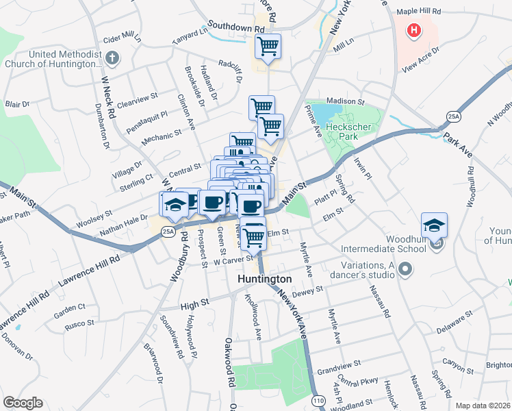 map of restaurants, bars, coffee shops, grocery stores, and more near 311 New York Avenue in Huntington