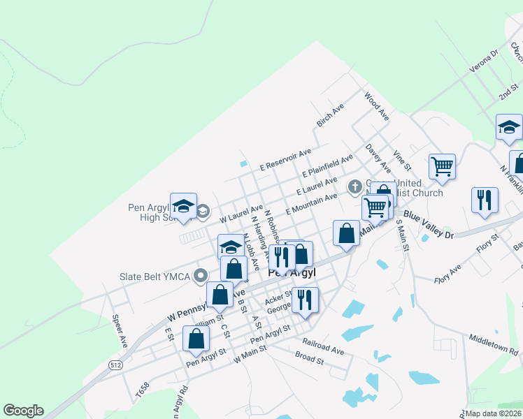 map of restaurants, bars, coffee shops, grocery stores, and more near 502 North Robinson Avenue in Pen Argyl
