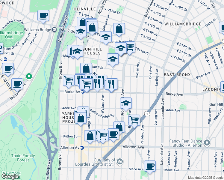 map of restaurants, bars, coffee shops, grocery stores, and more near 800 South Oak Drive in Bronx