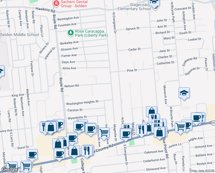 map of restaurants, bars, coffee shops, grocery stores, and more near 9 Nelson Road in Selden