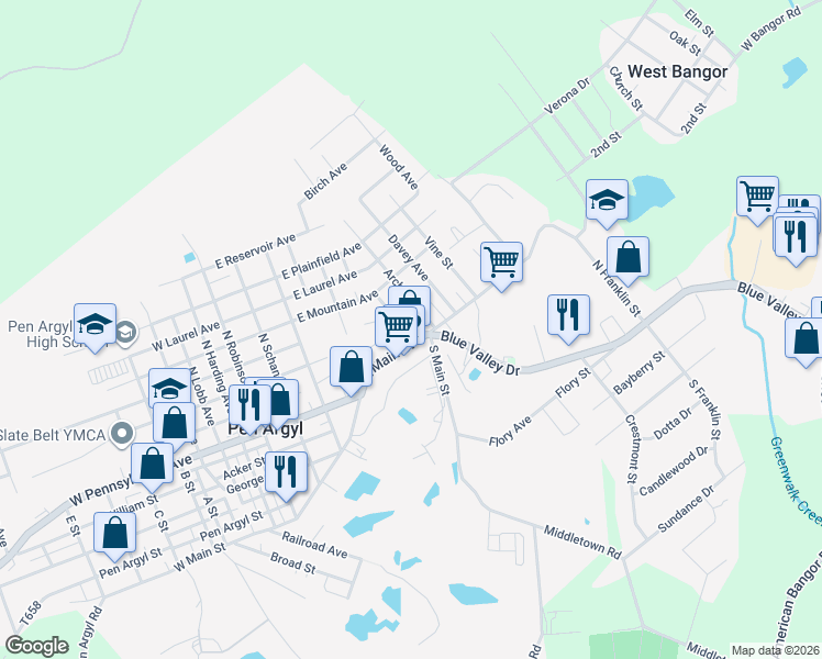 map of restaurants, bars, coffee shops, grocery stores, and more near 107 Arch Street in Pen Argyl