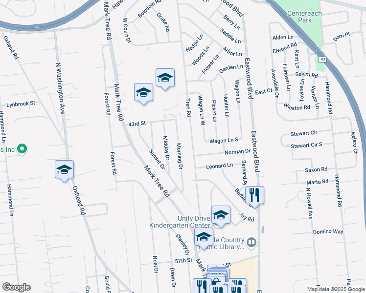 map of restaurants, bars, coffee shops, grocery stores, and more near 40 Morning Drive in Centereach