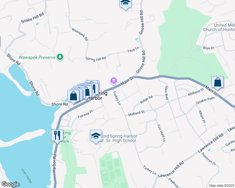 map of restaurants, bars, coffee shops, grocery stores, and more near 246 Main Street in Cold Spring Harbor