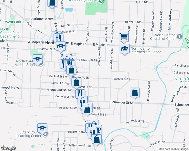 map of restaurants, bars, coffee shops, grocery stores, and more near 615 Pershing Avenue Southeast in North Canton