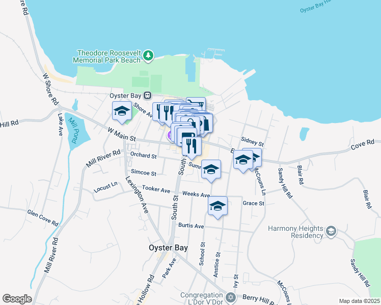 map of restaurants, bars, coffee shops, grocery stores, and more near 123 South Street in Oyster Bay