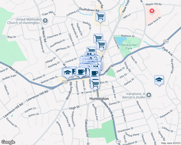 map of restaurants, bars, coffee shops, grocery stores, and more near 10 Wall Street in Huntington