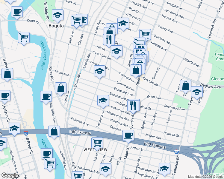 map of restaurants, bars, coffee shops, grocery stores, and more near 153 Elmwood Avenue in Bogota