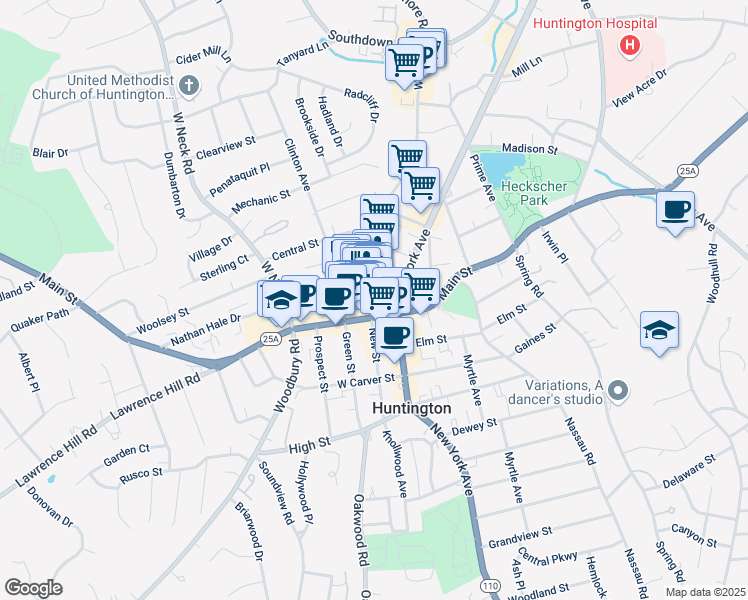 map of restaurants, bars, coffee shops, grocery stores, and more near 10 Wall Street in Huntington