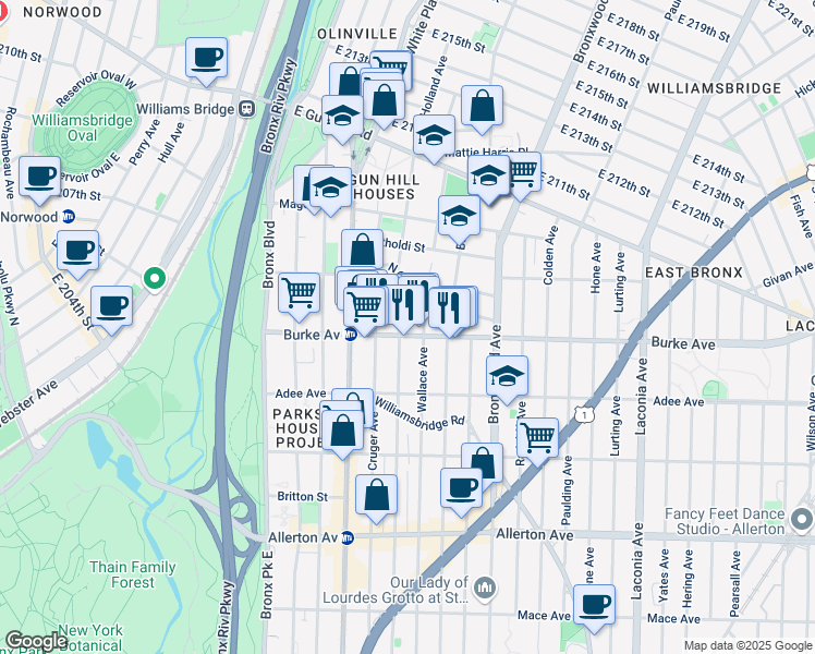 map of restaurants, bars, coffee shops, grocery stores, and more near 753 Burke Avenue in Bronx