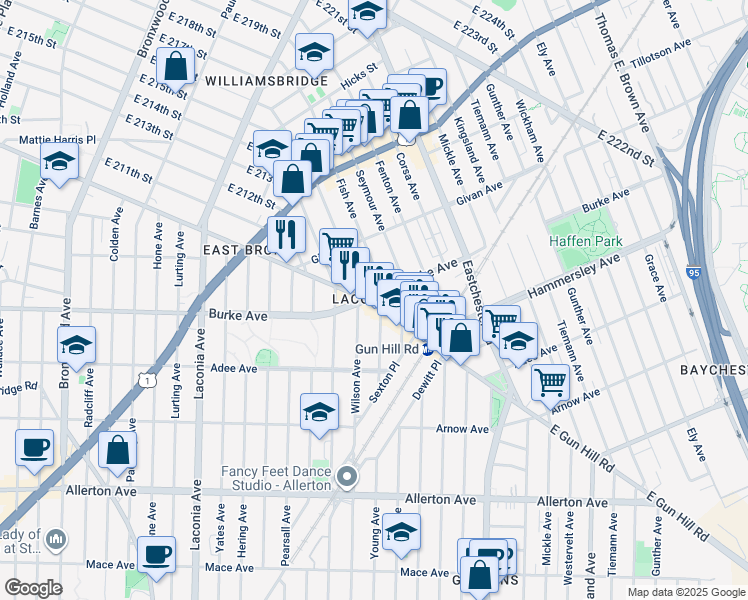 map of restaurants, bars, coffee shops, grocery stores, and more near 1301 East Gun Hill Road in The Bronx