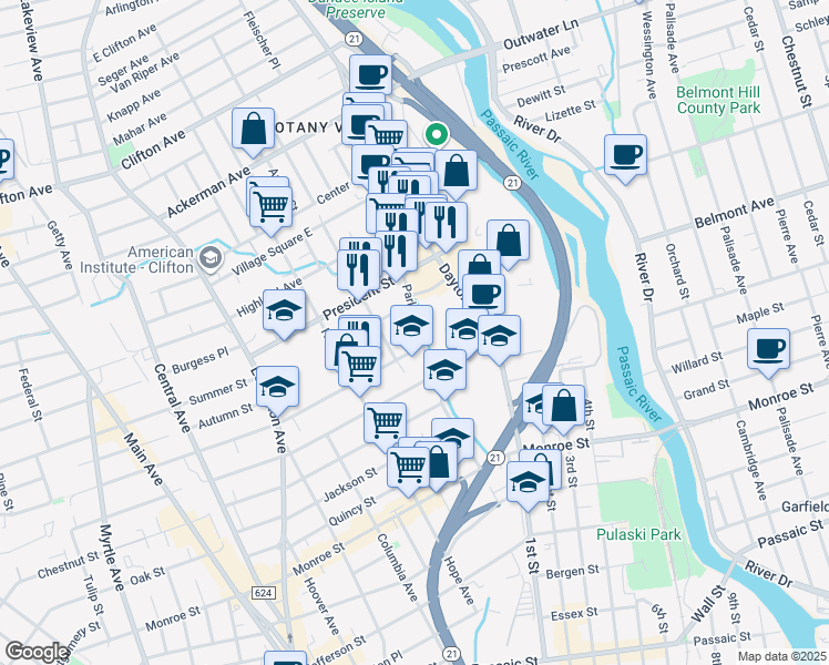 map of restaurants, bars, coffee shops, grocery stores, and more near 117 Parker Avenue in Passaic