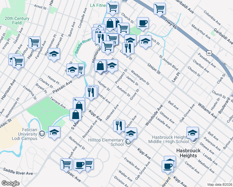 map of restaurants, bars, coffee shops, grocery stores, and more near 111 Prospect Street in Lodi