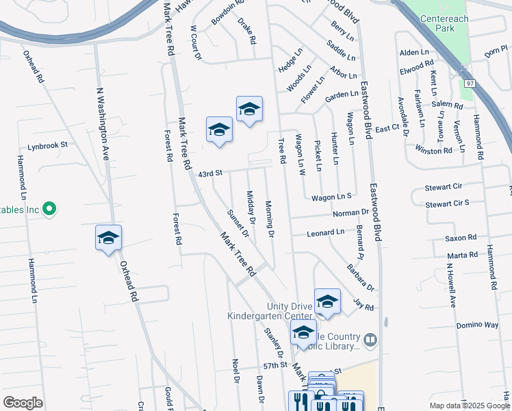 map of restaurants, bars, coffee shops, grocery stores, and more near 25 Midday Drive in Centereach