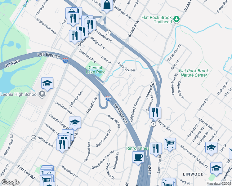 map of restaurants, bars, coffee shops, grocery stores, and more near 33 Regency Circle in Englewood