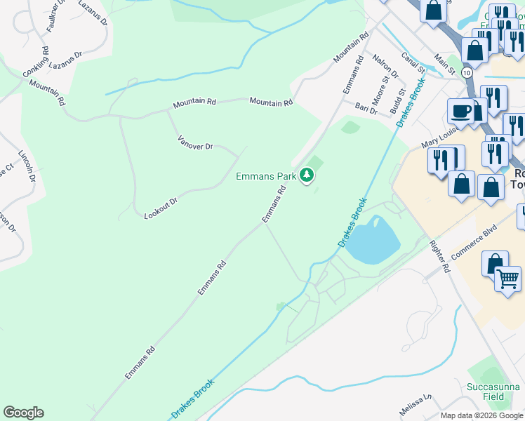 map of restaurants, bars, coffee shops, grocery stores, and more near 88 Emmans Road in Roxbury Township