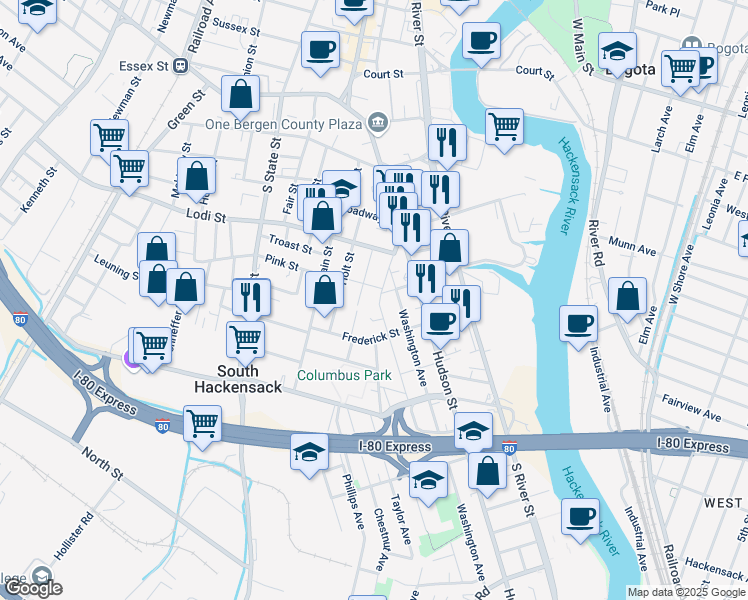 map of restaurants, bars, coffee shops, grocery stores, and more near 52 Jackson Avenue in Hackensack