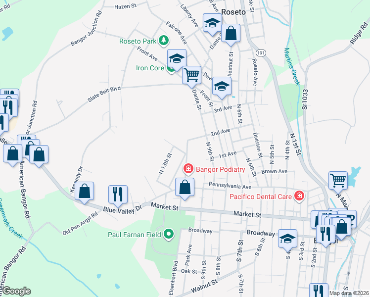 map of restaurants, bars, coffee shops, grocery stores, and more near 288 North 11th Street in Bangor