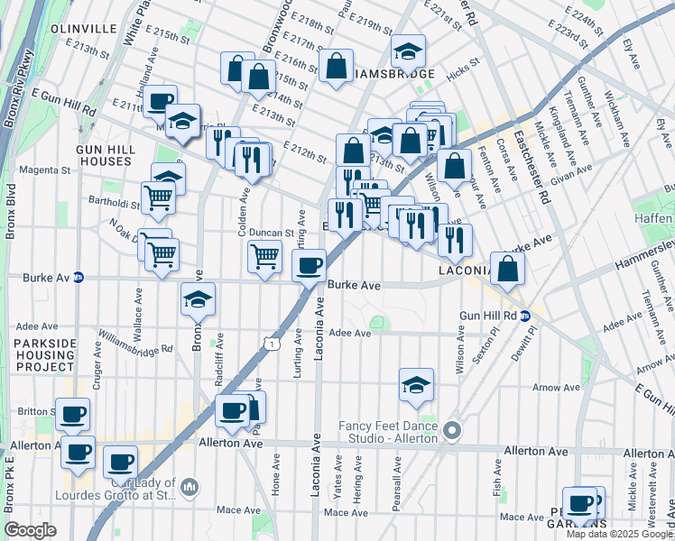 map of restaurants, bars, coffee shops, grocery stores, and more near 3219 Laconia Avenue in The Bronx