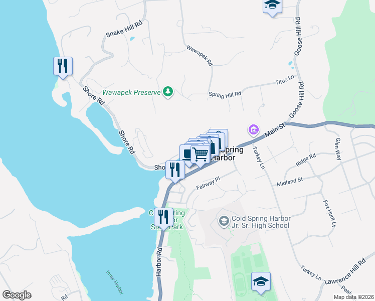 map of restaurants, bars, coffee shops, grocery stores, and more near 36 Spring Street in Cold Spring Harbor