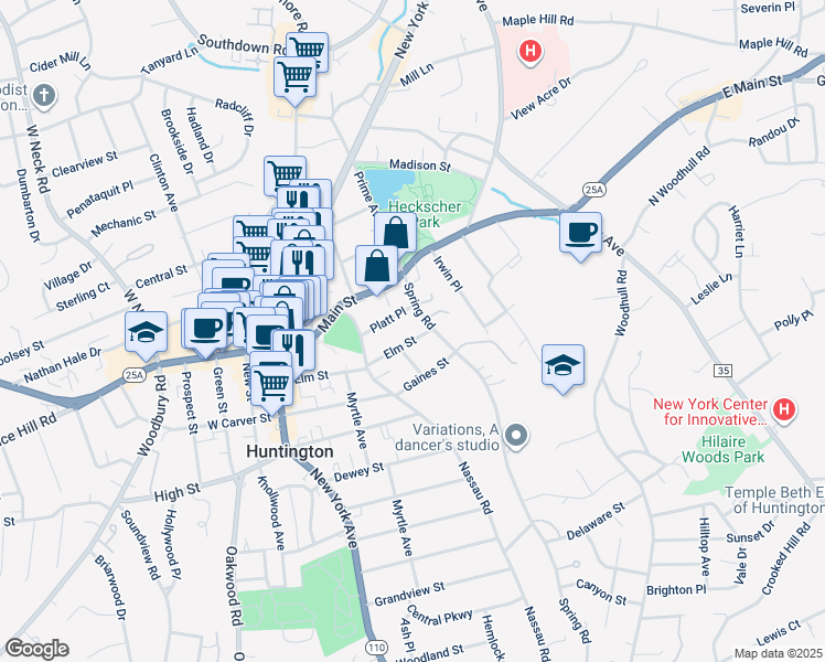 map of restaurants, bars, coffee shops, grocery stores, and more near 37 Spring Road in Huntington