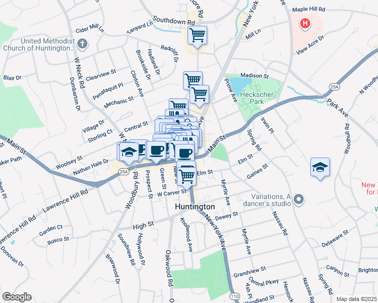 map of restaurants, bars, coffee shops, grocery stores, and more near 311 New York Avenue in Huntington