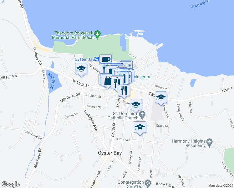 map of restaurants, bars, coffee shops, grocery stores, and more near 17 West Main Street in Oyster Bay