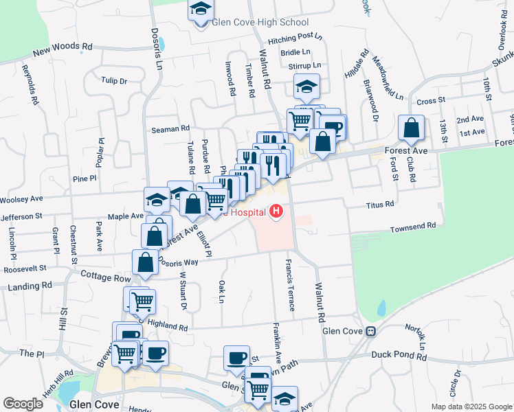 map of restaurants, bars, coffee shops, grocery stores, and more near 122 Saint Andrews Lane in Glen Cove