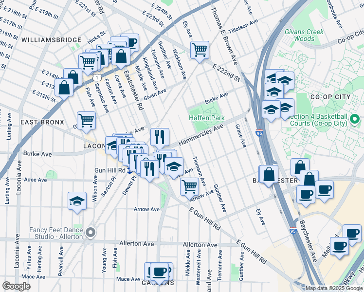 map of restaurants, bars, coffee shops, grocery stores, and more near 1611 Hammersley Avenue in Bronx