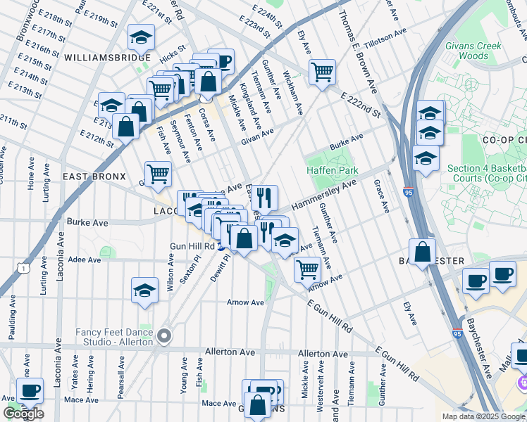map of restaurants, bars, coffee shops, grocery stores, and more near 3118 Eastchester Road in Bronx
