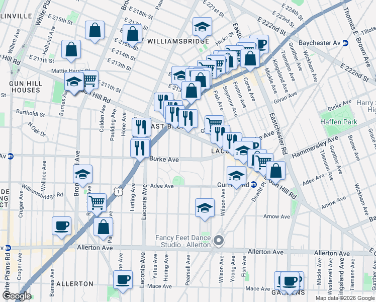 map of restaurants, bars, coffee shops, grocery stores, and more near 3228 Tenbroeck Avenue in Bronx