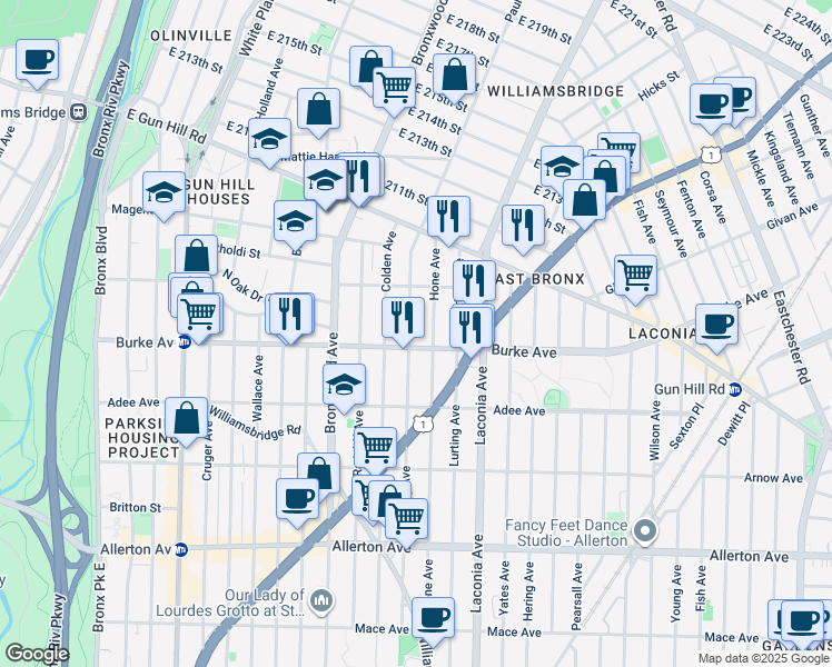 map of restaurants, bars, coffee shops, grocery stores, and more near 3218 Paulding Avenue in Bronx