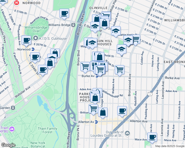 map of restaurants, bars, coffee shops, grocery stores, and more near 3225 White Plains Road in Bronx