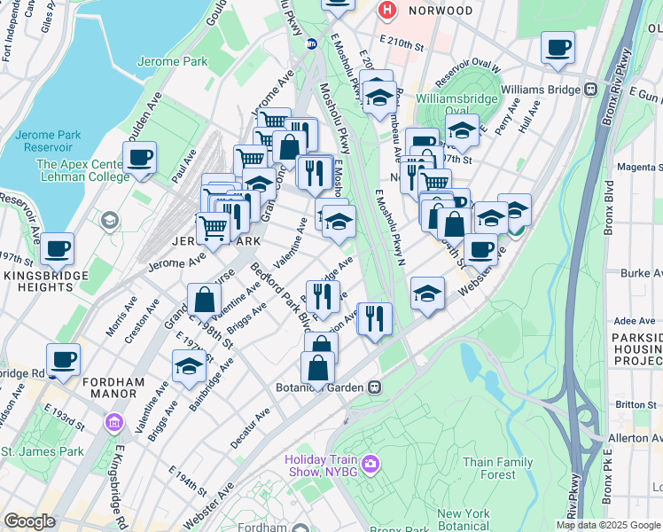 map of restaurants, bars, coffee shops, grocery stores, and more near 275 East 201st Street in Bronx