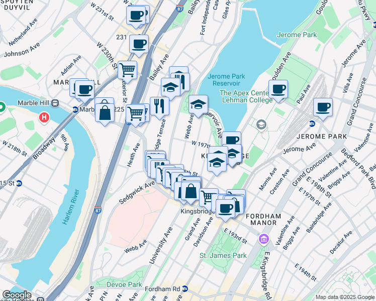 map of restaurants, bars, coffee shops, grocery stores, and more near 2807 Claflin Avenue in Bronx