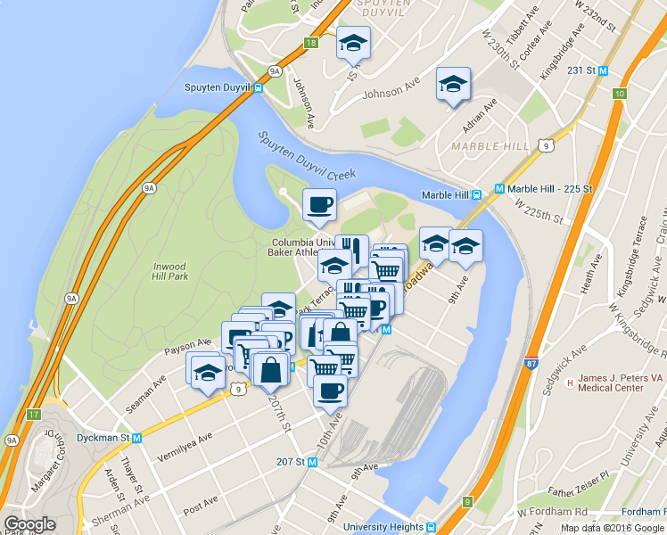 map of restaurants, bars, coffee shops, grocery stores, and more near 244 Seaman Avenue in New York