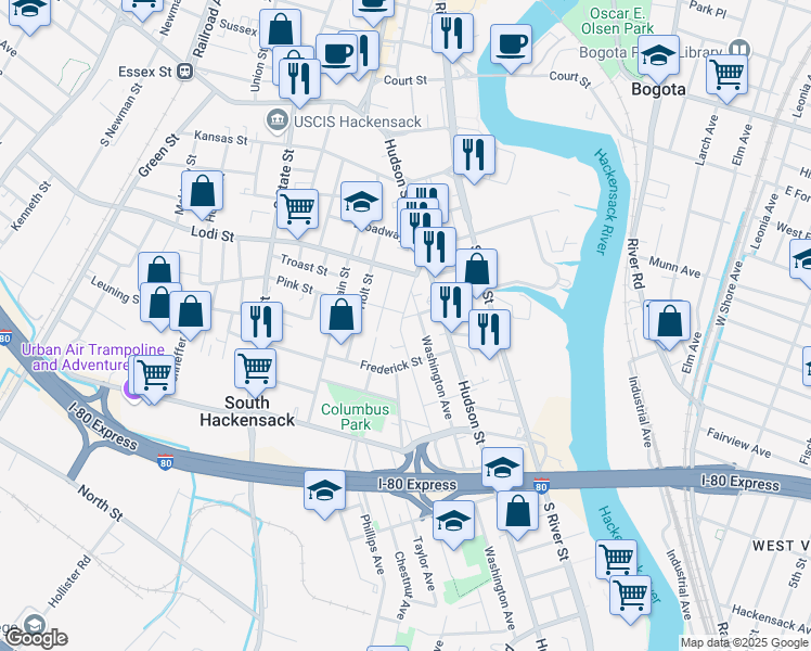 map of restaurants, bars, coffee shops, grocery stores, and more near 52 Jackson Avenue in Hackensack