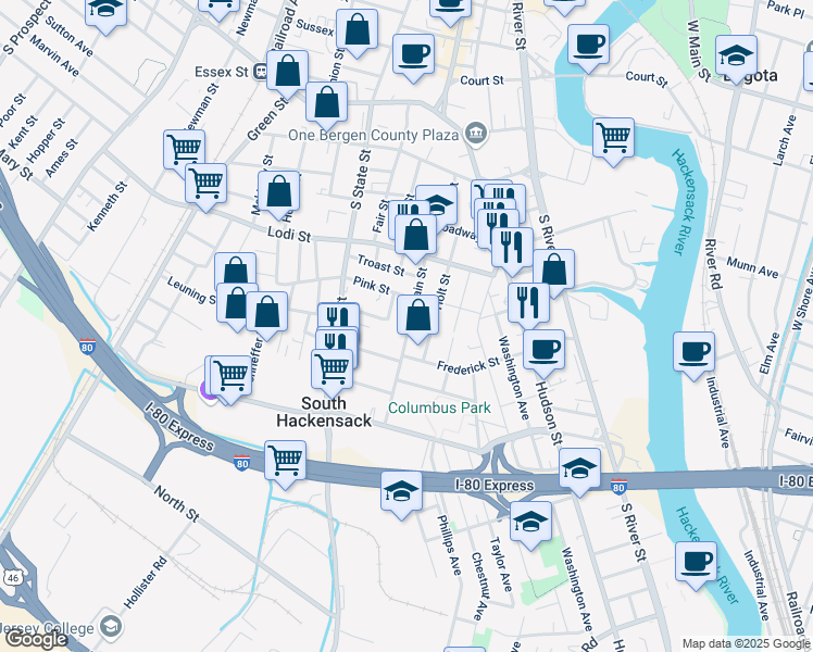 map of restaurants, bars, coffee shops, grocery stores, and more near 167 South Main Street in Hackensack