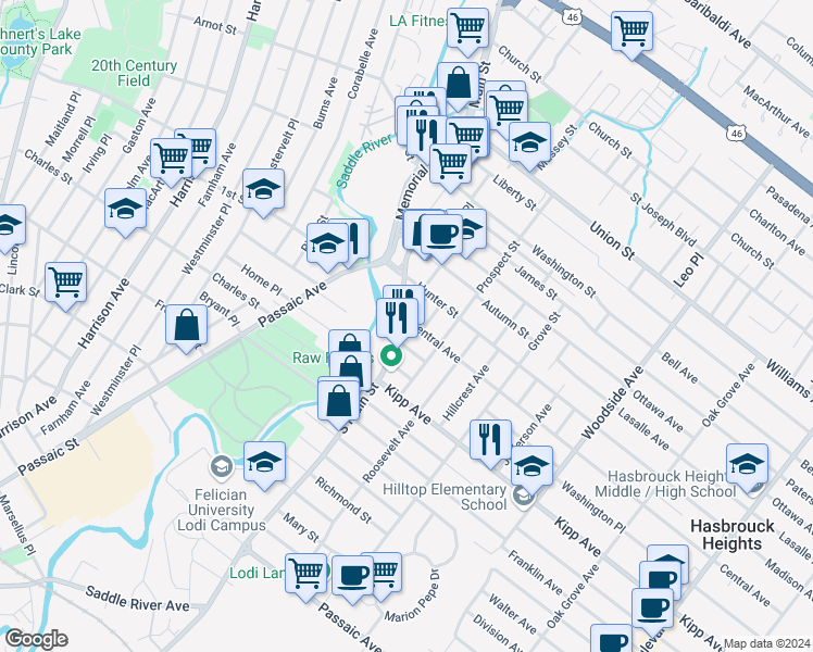 map of restaurants, bars, coffee shops, grocery stores, and more near 44 South Main Street in Lodi