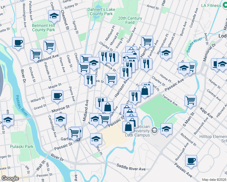 map of restaurants, bars, coffee shops, grocery stores, and more near 155 Harrison Avenue in Garfield