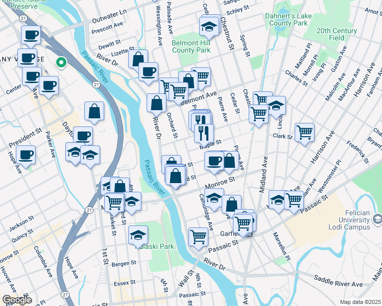 map of restaurants, bars, coffee shops, grocery stores, and more near 196 Cambridge Avenue in Garfield