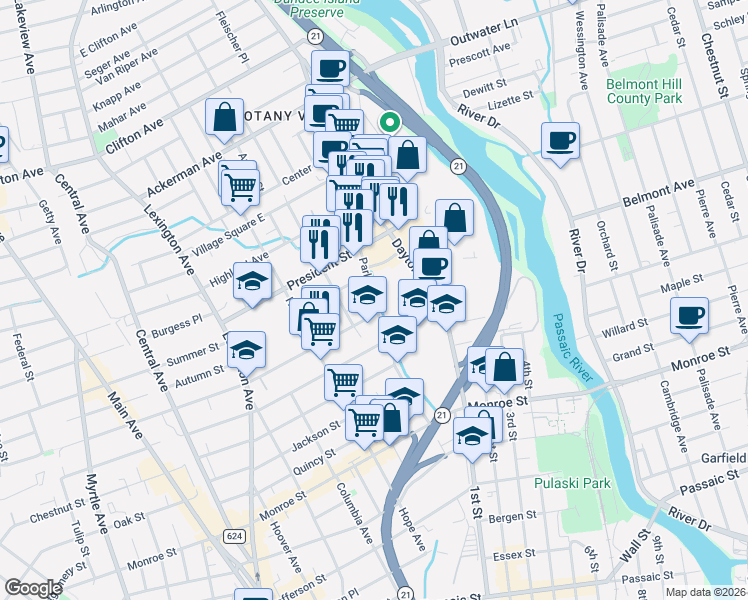 map of restaurants, bars, coffee shops, grocery stores, and more near in Passaic