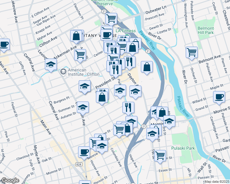 map of restaurants, bars, coffee shops, grocery stores, and more near in Passaic