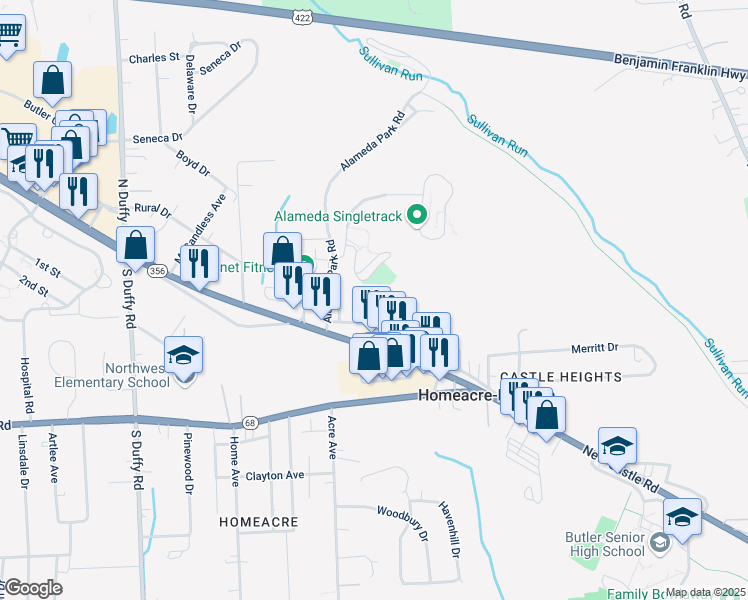 map of restaurants, bars, coffee shops, grocery stores, and more near 207 Sunrise Village Court in Butler