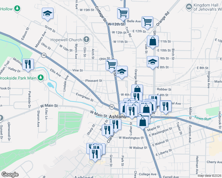 map of restaurants, bars, coffee shops, grocery stores, and more near 432 Cottage Street in Ashland