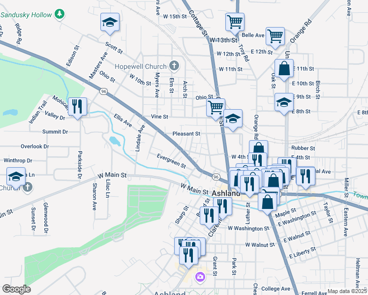 map of restaurants, bars, coffee shops, grocery stores, and more near 414 Perry Street in Ashland