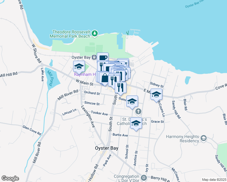 map of restaurants, bars, coffee shops, grocery stores, and more near 128 South Street in Oyster Bay